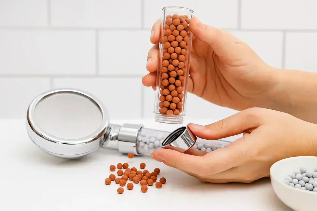 Main qui change des billes d'argile d'un pommeau de douche