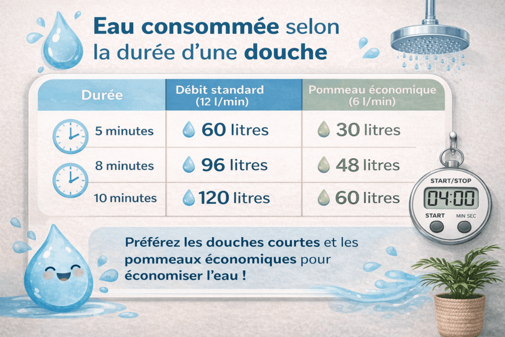 Comparatif consommation d'eau selon durée de douche : pommeau standard vs économique