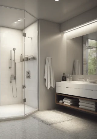 Salle de bain avec systèmes d'économie d'eau