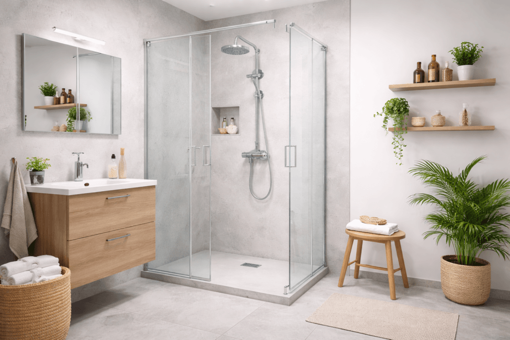 Salle de bain moderne et épurée avec une cabine de douche